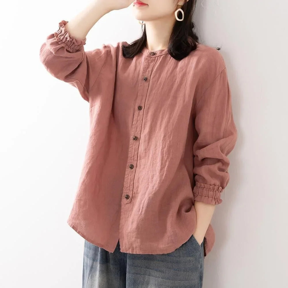 Women's Cotton Linen Shirts™ Loose Fit Round Neck Plus Lantern Sleeve Shirt