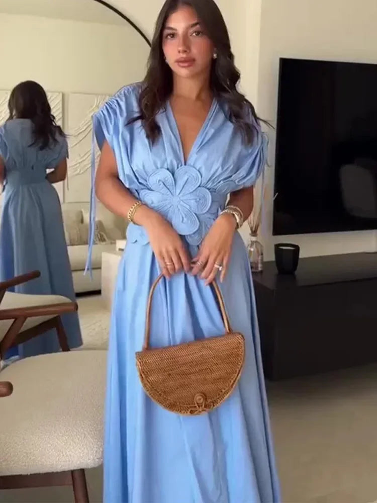 Women's V-Neck Blue Dress™ Waist-Fitted Bow-Decored Long Dress