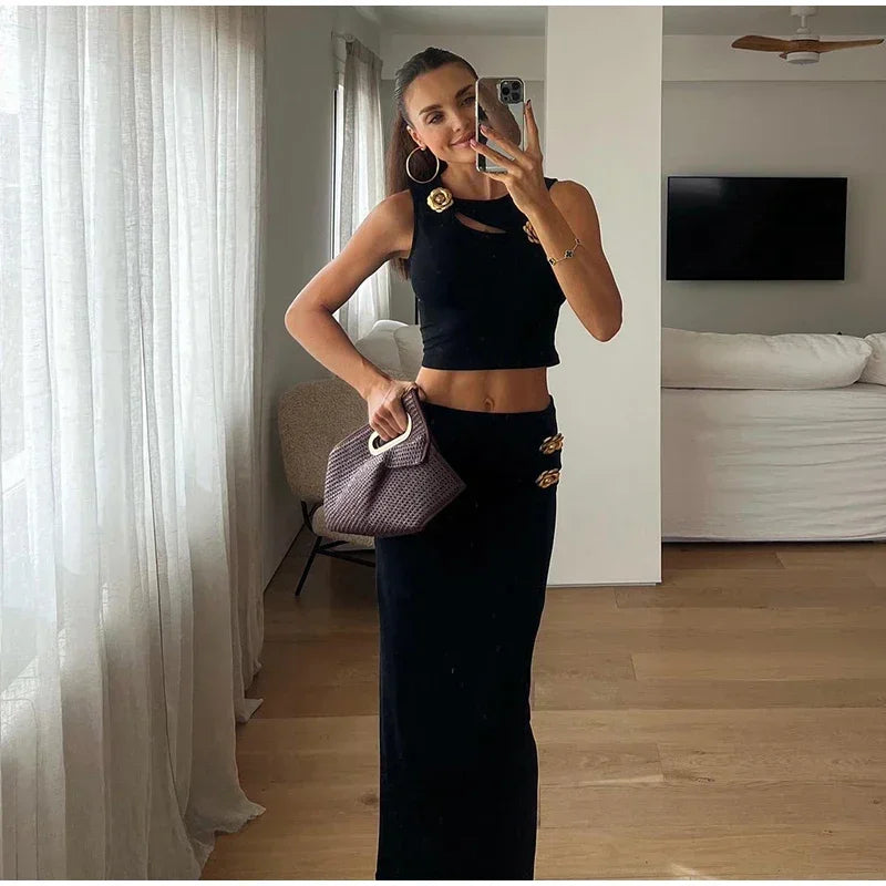 Women's Flower Hollow Out Suit™ Women Top Slim Sleeveless Tank High Waist Hip Package Skirt Suit