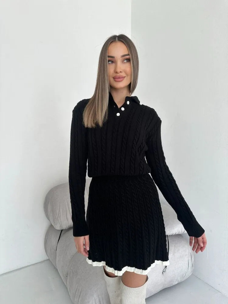 Women's Knitted Set™ Long Sleeve Lapel Buttons Knitting Sweater Short Skirt Sets