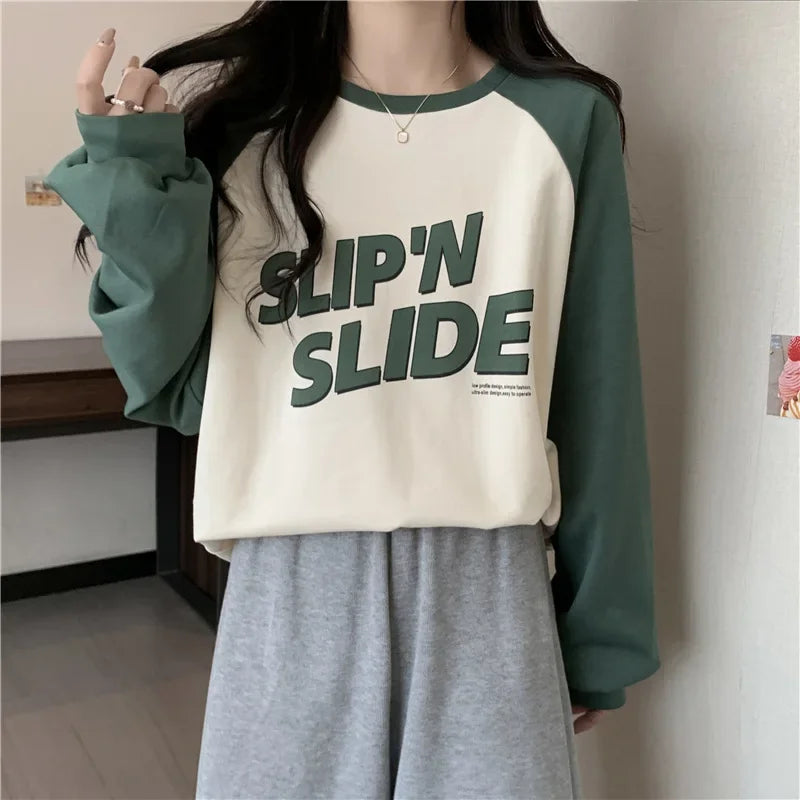 Women's Letter Printed T-Shirt™ Autumn Winter Thickened Frosted Color Block Shoulder Sleeve Lazy Loose Large Version Round Neck T-Shirt