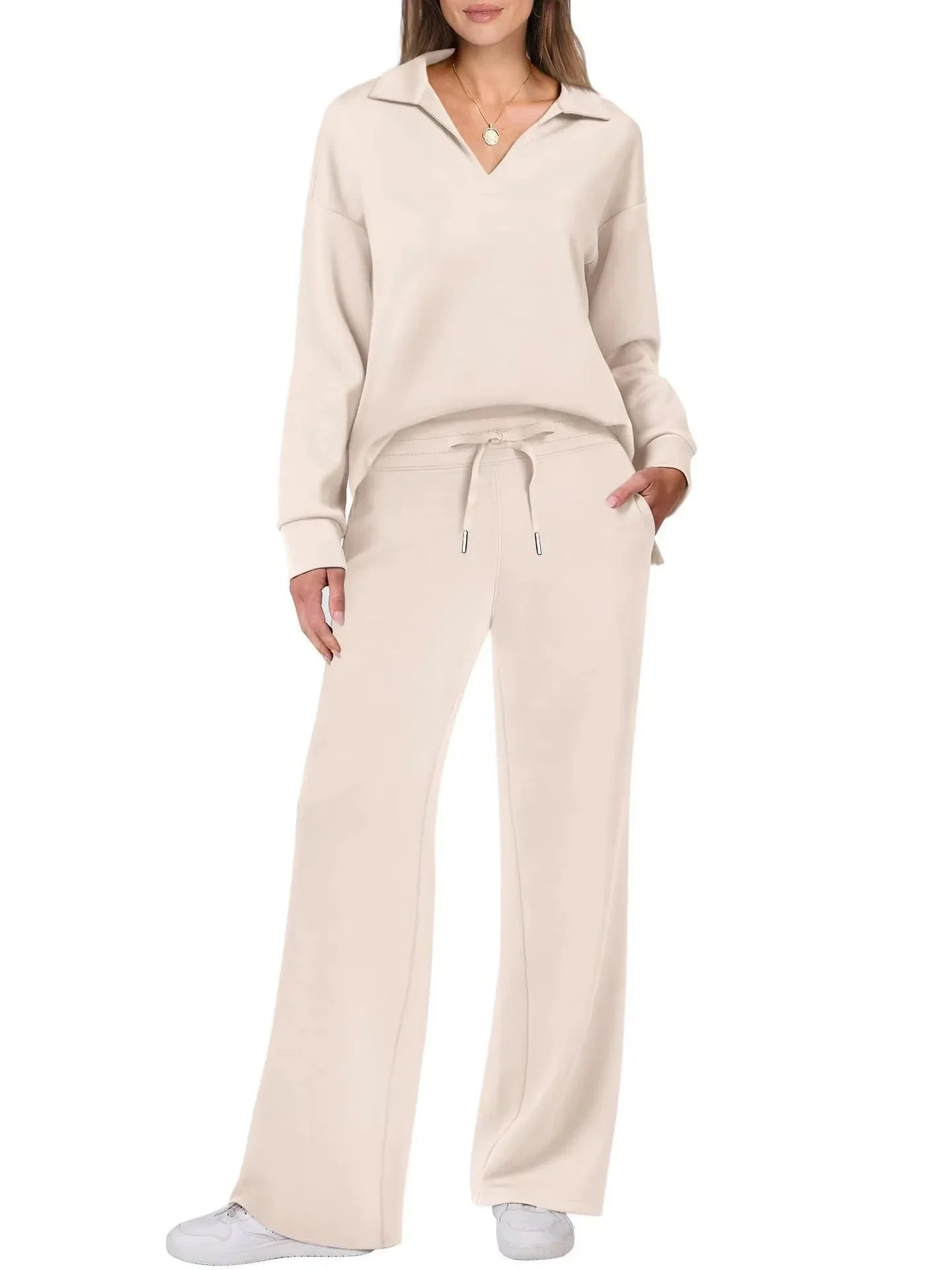 Women's 2 Piece Set™ Loose Long Sleeve V-Neck Top with Drawstring Elastic Waist Bell BottomsSet