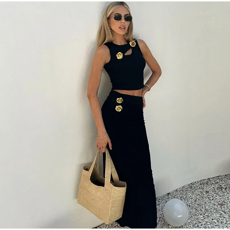 Women's Flower Hollow Out Suit™ Women Top Slim Sleeveless Tank High Waist Hip Package Skirt Suit