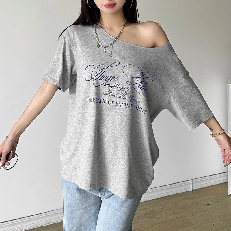 Women's Summer T-Shirt™ Letter Print Graphic Oversized One Shoulder Tops