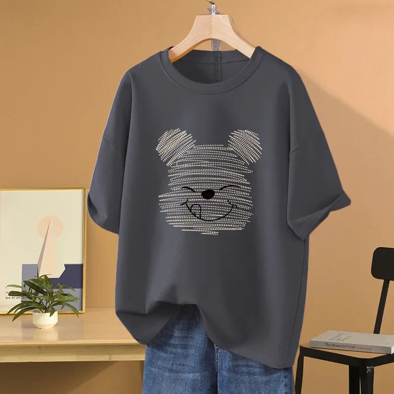 Women's Oversized Half Sleeve T-shirt Loose Fit Vintage Cartoon Bear Design T-shirt