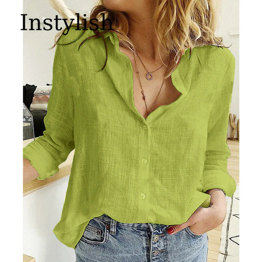 Women's Elegant Cotton Linen Shirts™ Casual Solid Button Lapel Long Sleeve Loose Shirts