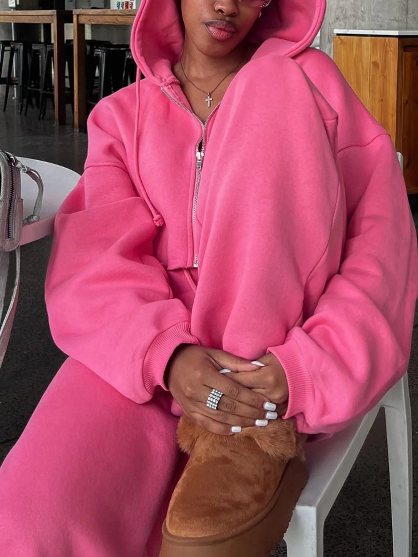 Women's Two Piece Set™ Zip Up Crop Drawstring Long Sleeve Hoodie &Drawstring Waist Sweatpant