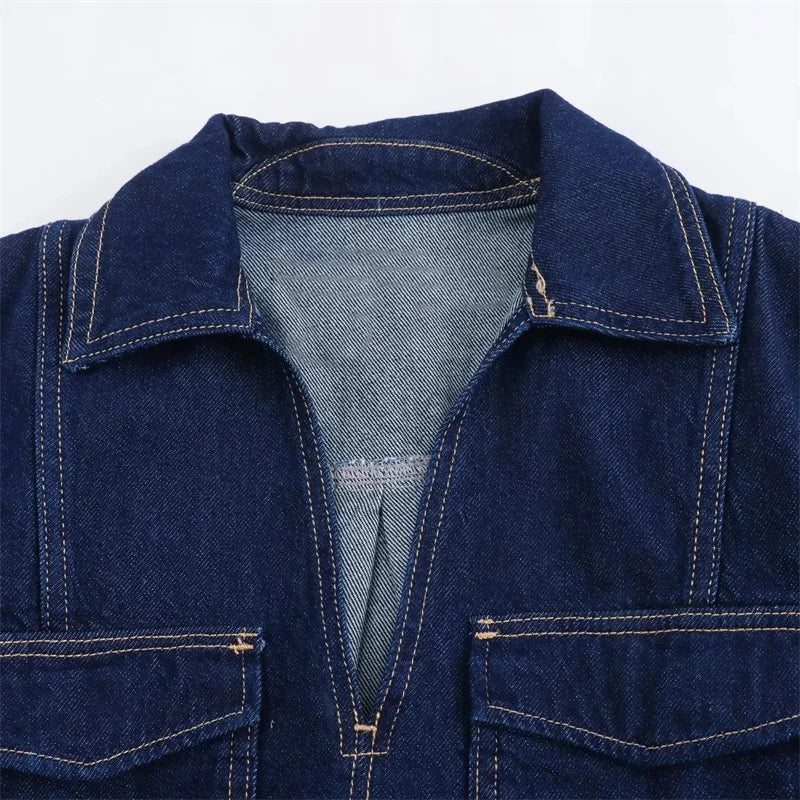 Women's TRAF Blue Denim Suit™ Short Sleeve Cropped Shirt & Short Y2k Set