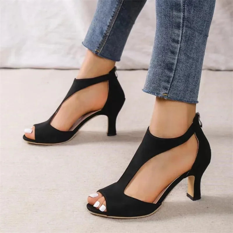 Women's Summer Sandals™  Rome Flock Mid Heel Zipper Open Toe Sandals