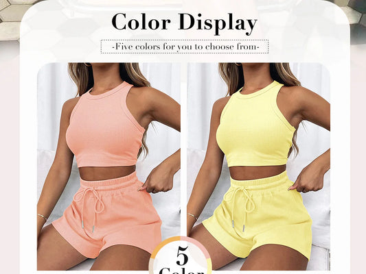 Women's Solid Waffle Textured Shorts Set™ Breathable O-Neck Crop Tank Top & Drawstring Shorts Set