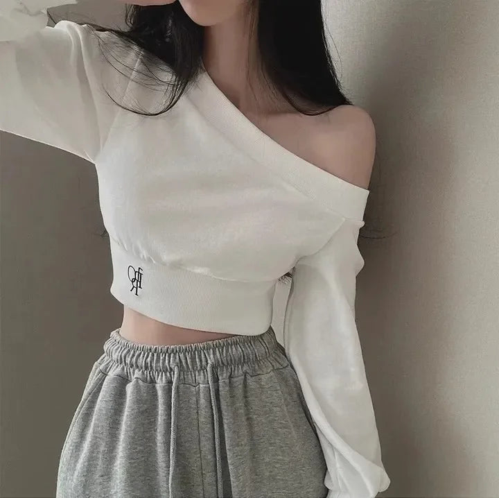 Women's Off-the-shoulder Sweatshirt™ Cropped Top Embroidery Loose-fit Windy Sweatshirt