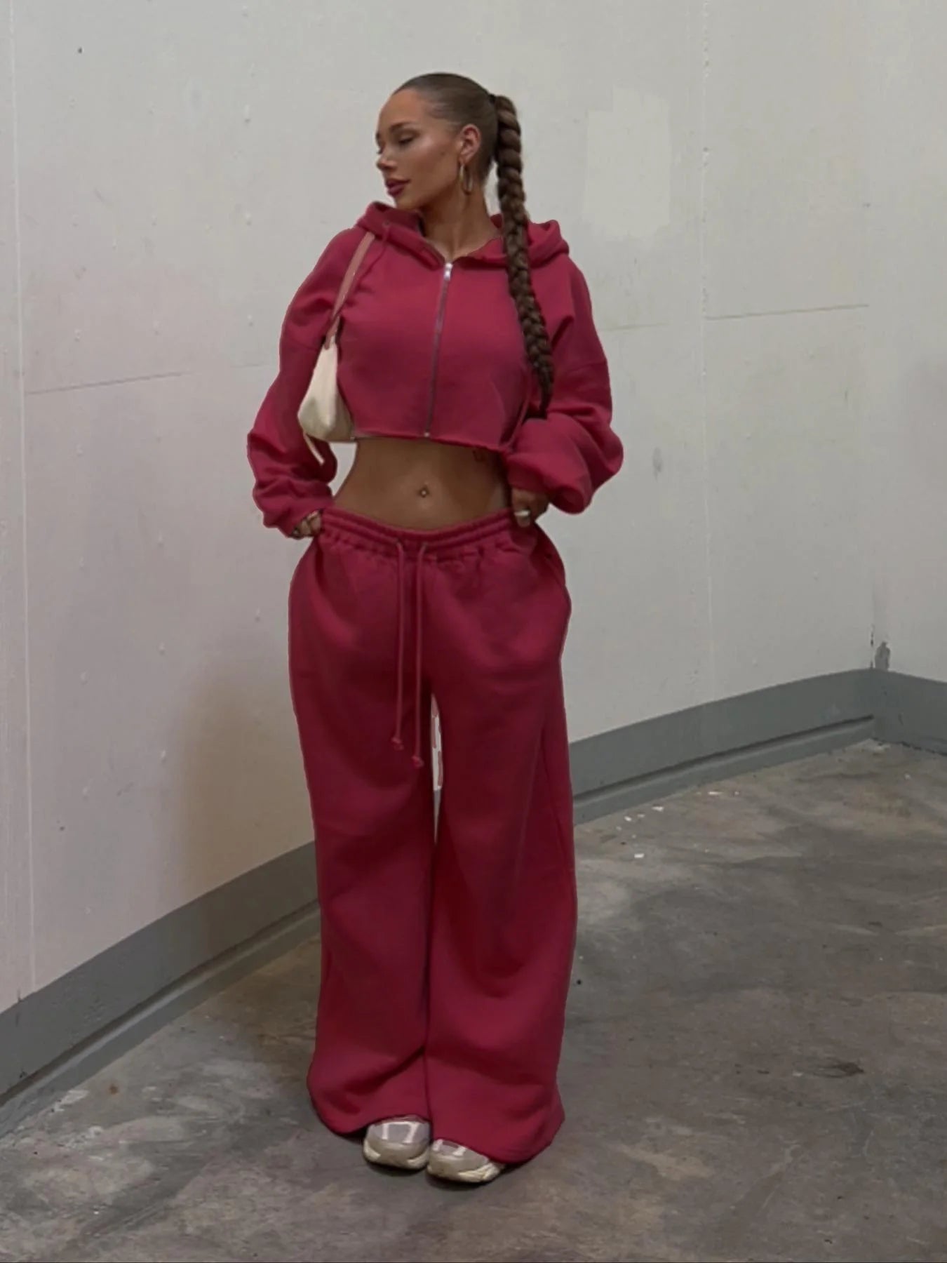 Women's Two Piece Set™ Zip Up Crop Drawstring Long Sleeve Hoodie &Drawstring Waist Sweatpant