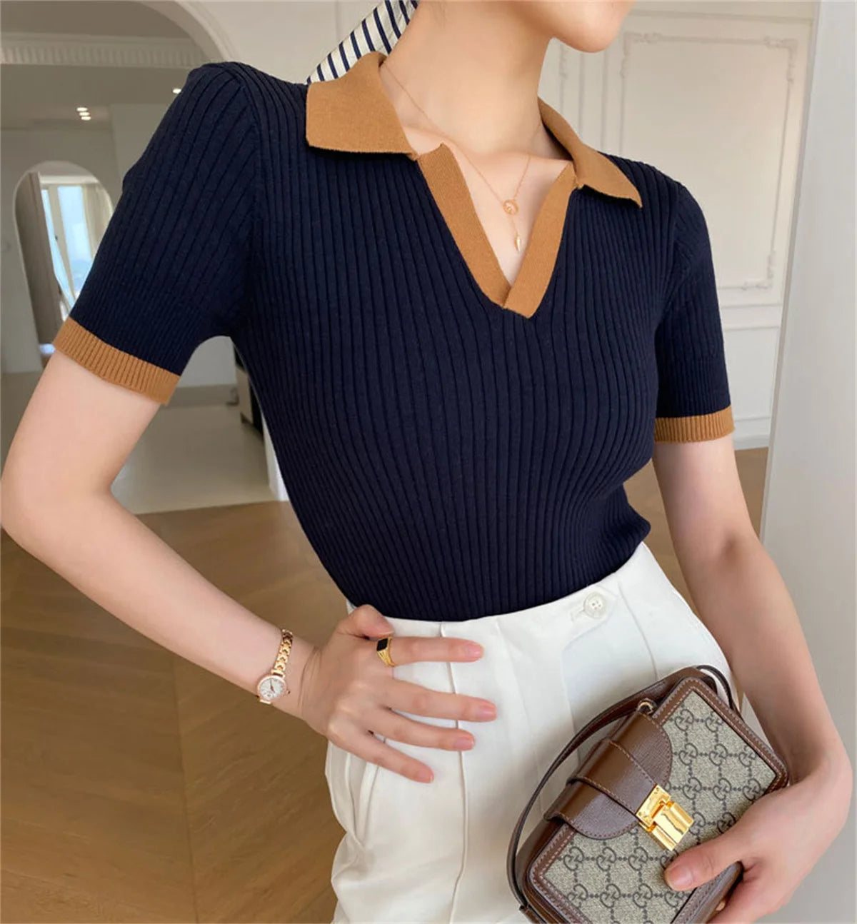 Women's V Neck Knitted Tops™ Short Sleeve Slim Casual Vintage T-shirt