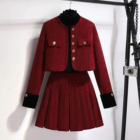 Women's Autumn Jacket & Skirt Set™ Thickened Plus Size Red Tweed Suit