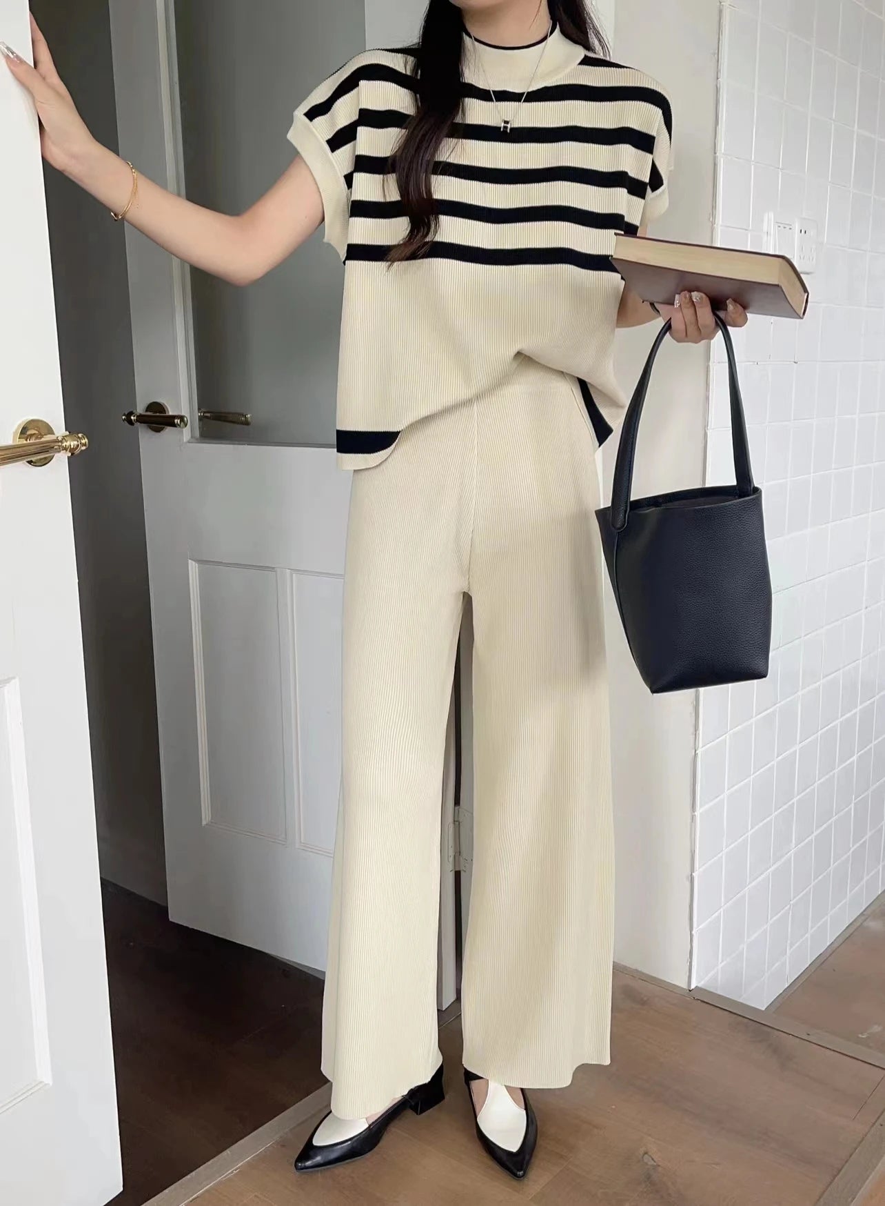 Women's Summer Suit™ 2 Pieces Set O-Neck Sleeves Tank Top Stripe Sweater Wide Leg Pant Set Outfit