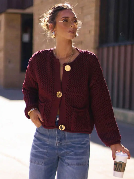 Women's Cardigan Sweater™ TRAFZA Vintage Cardigan Female Metal Buttons Long Sleeve Coat With Pockets Knitwear