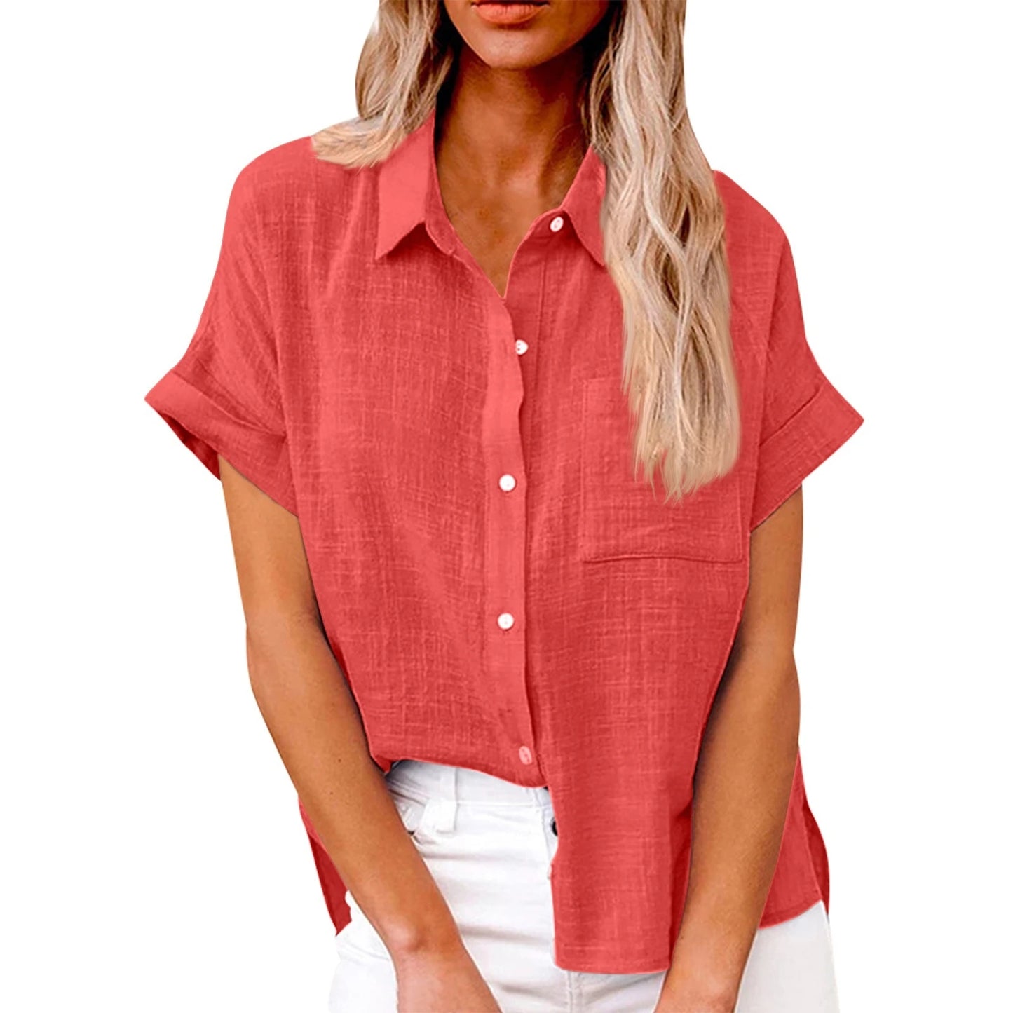 Women's  Cotton Linen Classic Shirts™ Short Sleeve Lapel Button Down Shirt