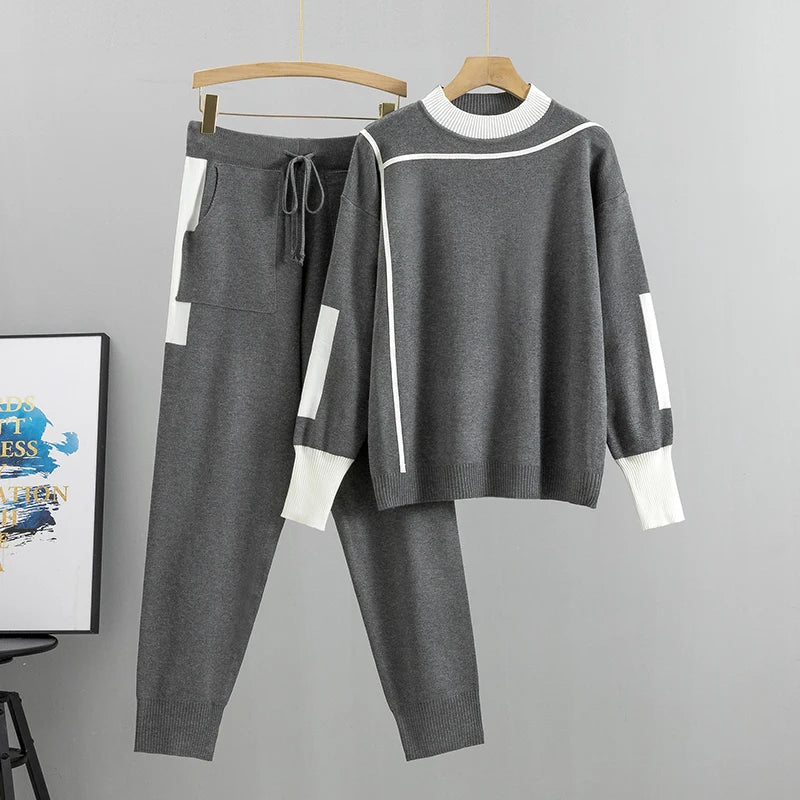 Women's Knitted Suit™ Autumn 2 Pieces Set Knitted Long Sleeve Pullovers Sweater Casual Patchwork Fashion Tops and Pants Suit