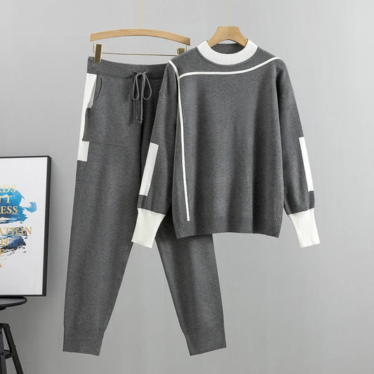 Women's Knitted Suit™ Autumn 2 Pieces Set Knitted Long Sleeve Pullovers Sweater Casual Patchwork Fashion Tops and Pants Suit