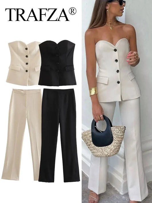 Women's TRAFZA Summer Suit™ Front Button Strapless Tank Tops + Side Slit Trouser Sets