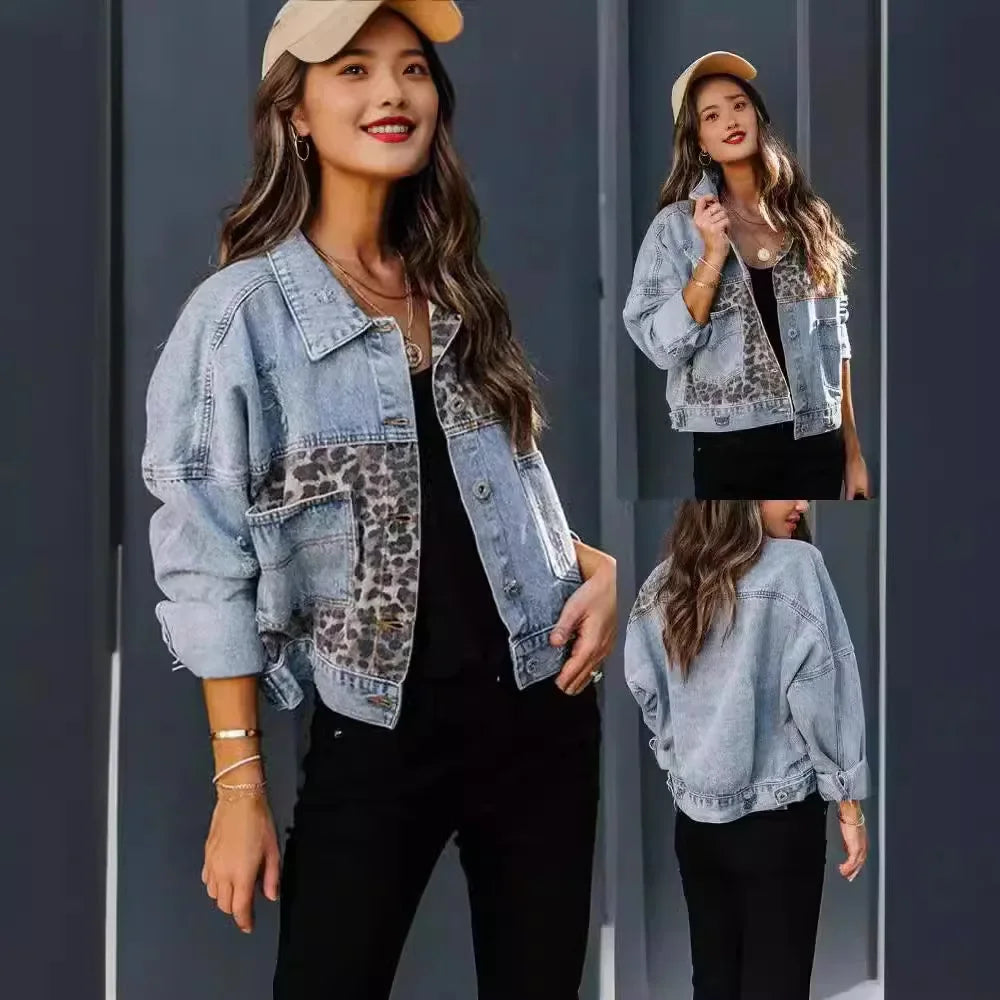Women's Amazon Denim Jacket™ Long Sleeve Leopard Printed Jacket