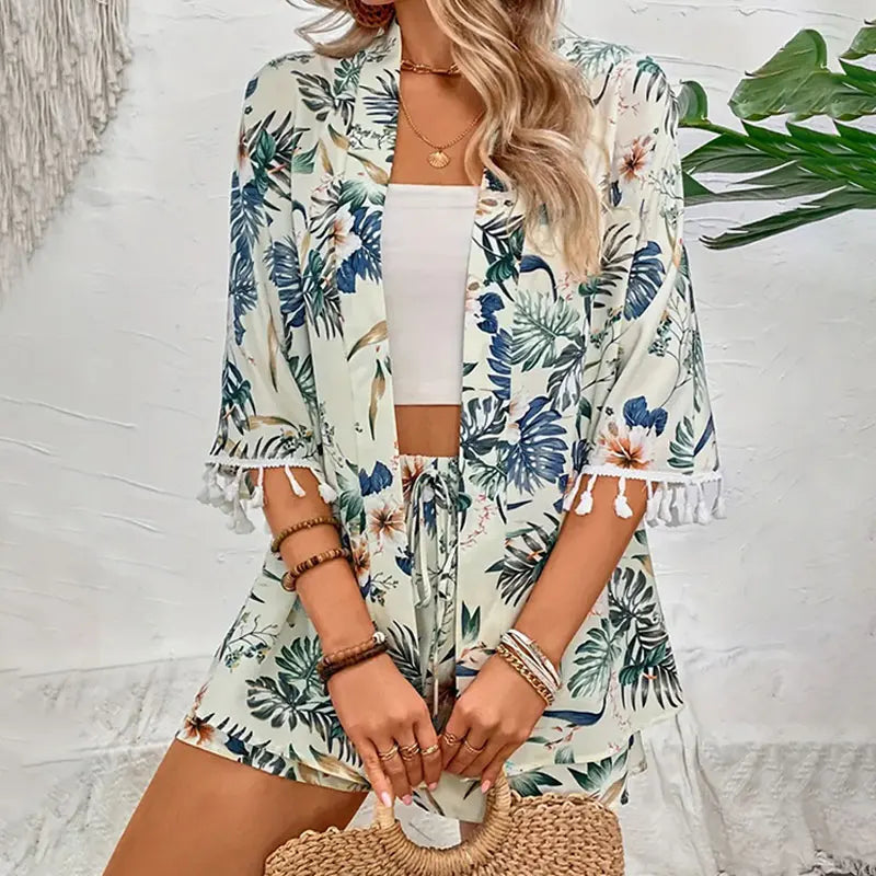 Women's Outfits™ Open-front Cardigan Smock Flower Printed Beach Shorts Summer Suits