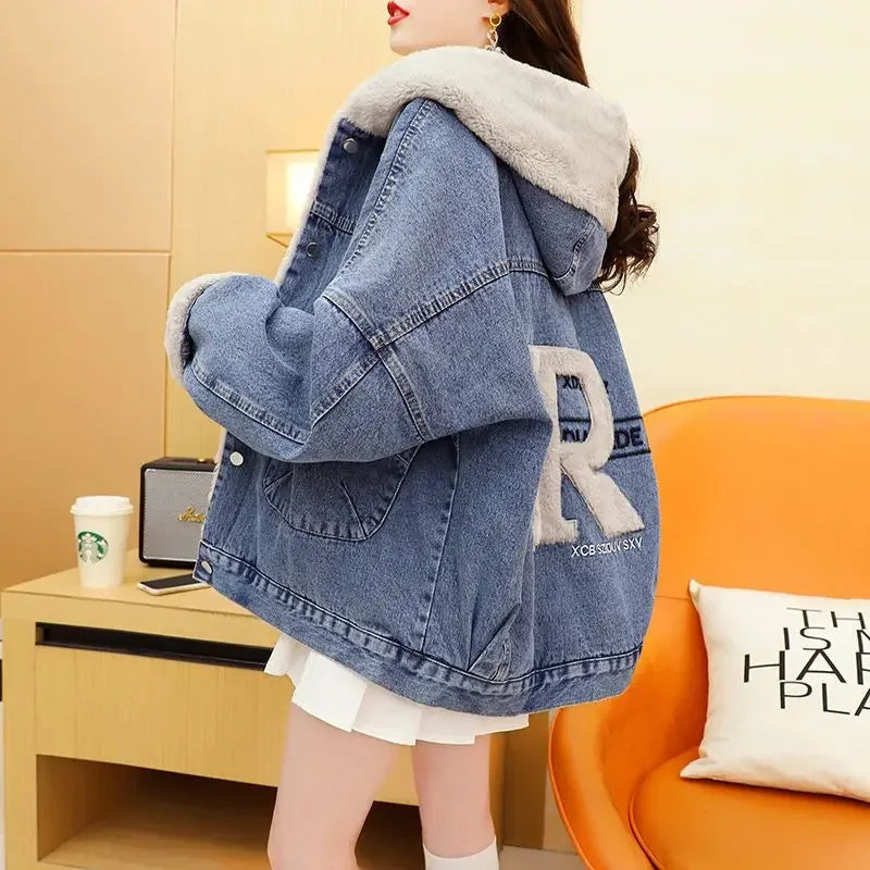 Women's Fleece-lined Jacket™ Thickened Denim Style Loose Fit High-end Feel Idle Top