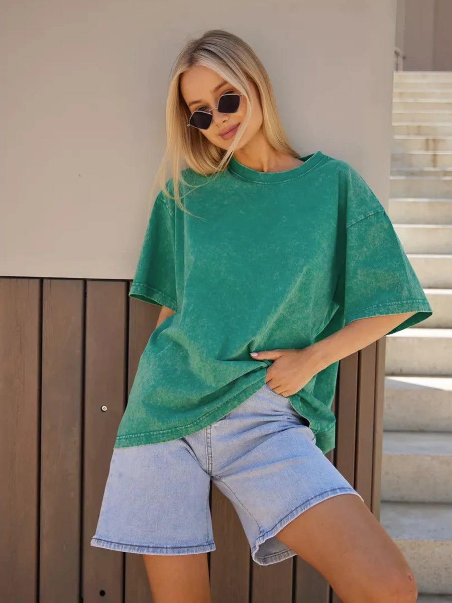 Women's Cotton Washed T-shirt™ O-Neck Oversized Solid Short Sleeve Tops