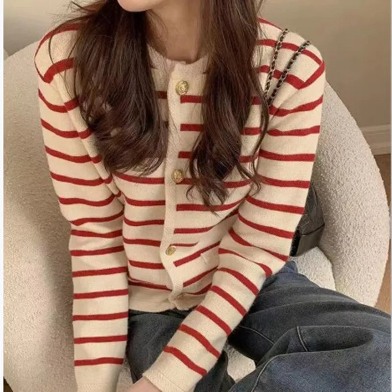 Women Stripe Knitted Cardigans Sweater™ O-neck Single Breasted Long Sleeve Sweaters