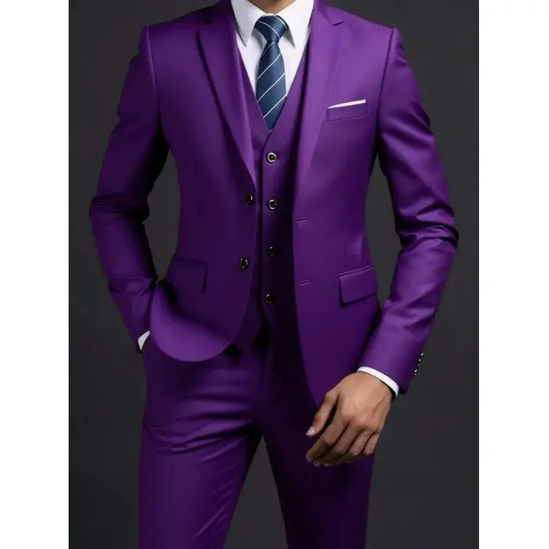 Men's Suit (Blazer+ Vest + Trousers) British Style Solid-color Suit