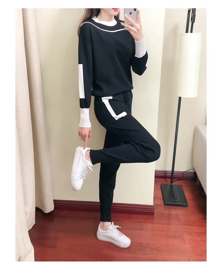 Women's Knitted Suit™ Autumn 2 Pieces Set Knitted Long Sleeve Pullovers Sweater Casual Patchwork Fashion Tops and Pants Suit