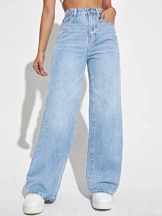 Women's Denim Jeans™ mid-waist straight loose slimming jeans
