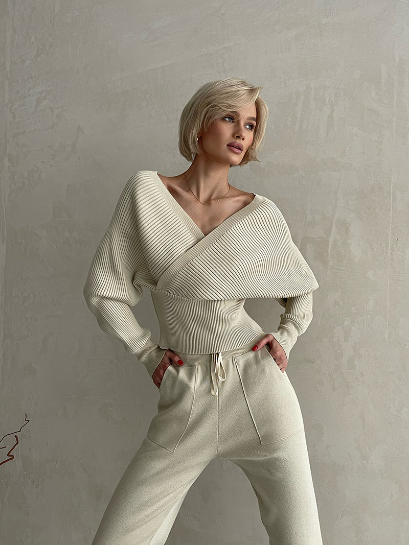 Women's Knitted Tracksuit™ Off Shoulder Knitted Long Sleeve Sweater  and Pants Suits