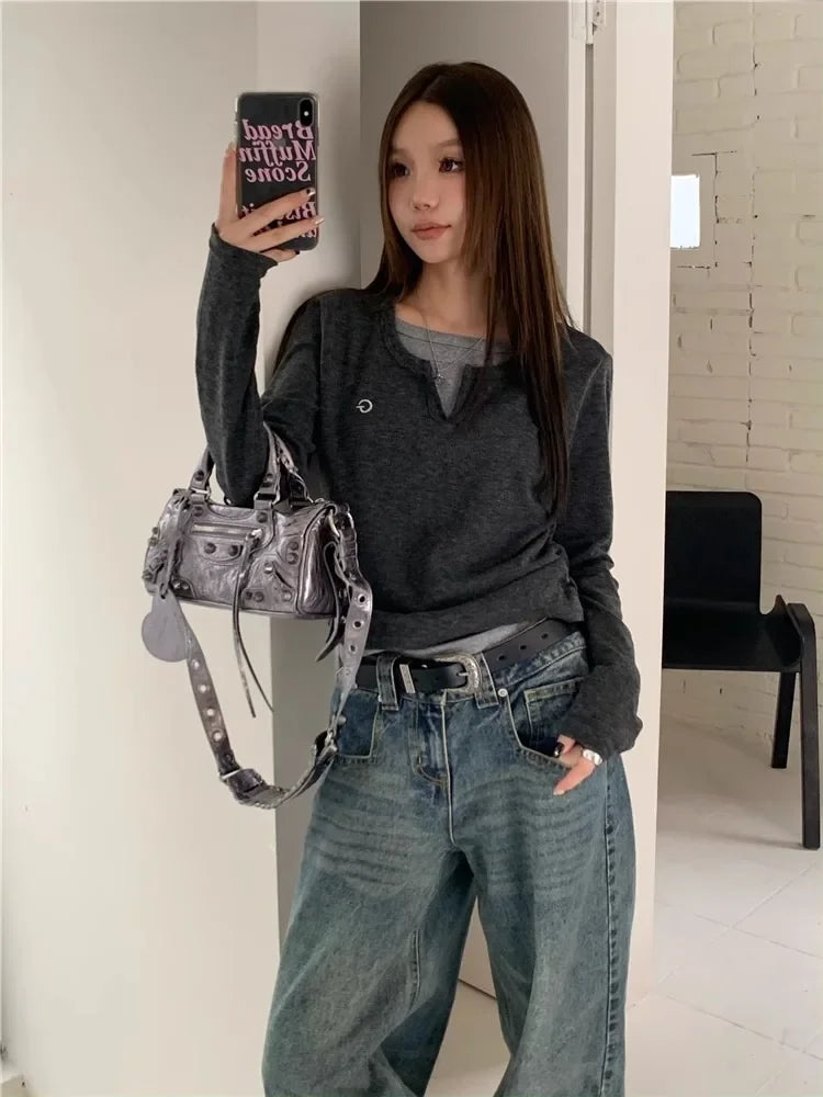 Women's T-Shirt™ Long Sleeves Korean Fashion Style O-neck Fake two items T-shirt