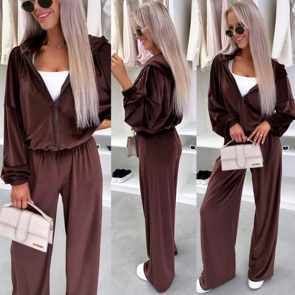Women's  Casual Outfit™ Zipper Hooded Cardigan + Wide Leg Pants Two Piece Set