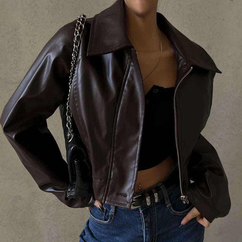 Women's Faux Leather Short Jacket™ Y2K Turn-down Collar Fashion Grunge Street Casual Coats