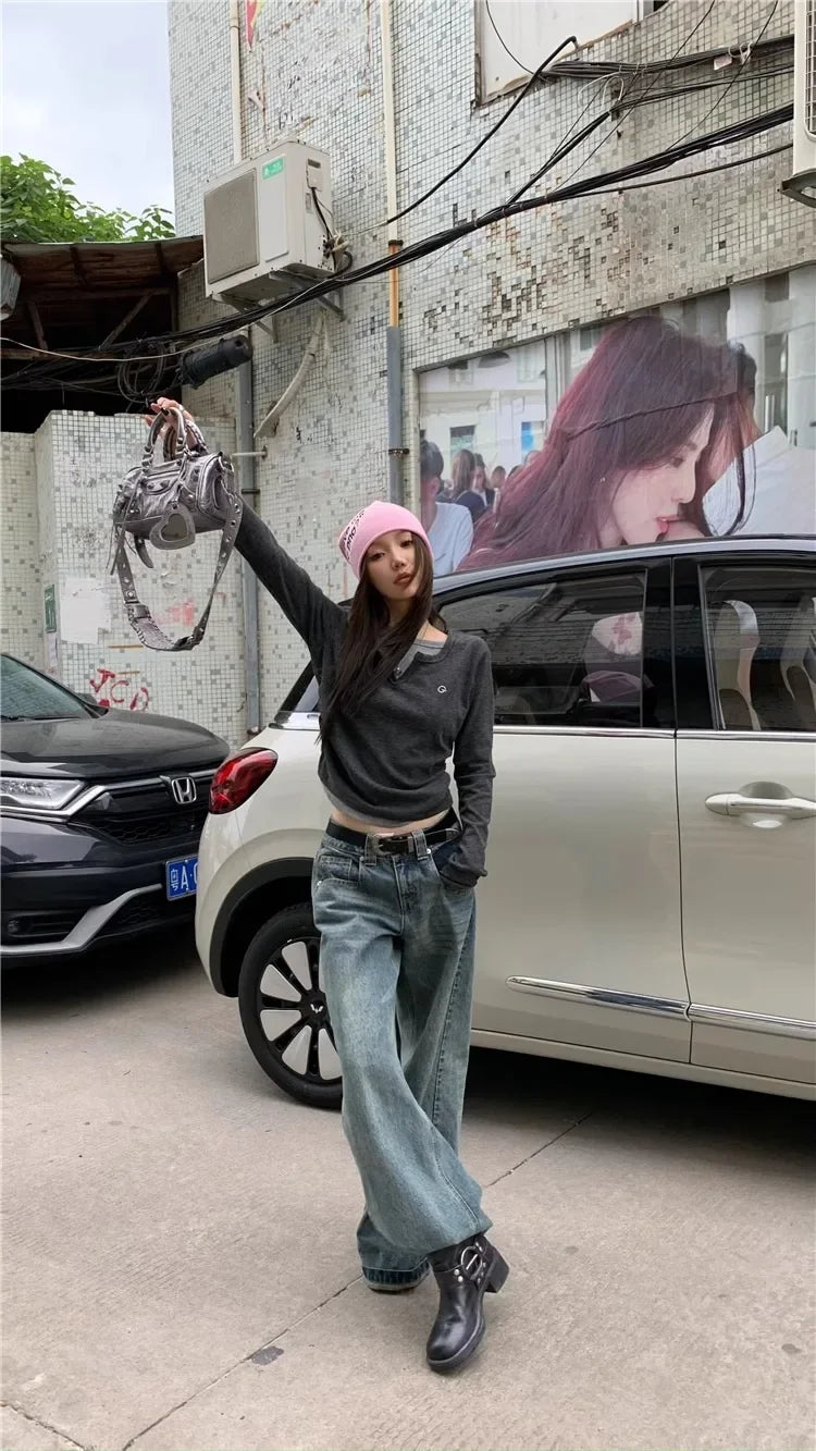 Women's T-Shirt™ Long Sleeves Korean Fashion Style O-neck Fake two items T-shirt