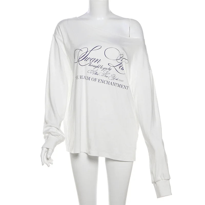 Women's Summer T-Shirt™ Letter Print Graphic Oversized One Shoulder Tops