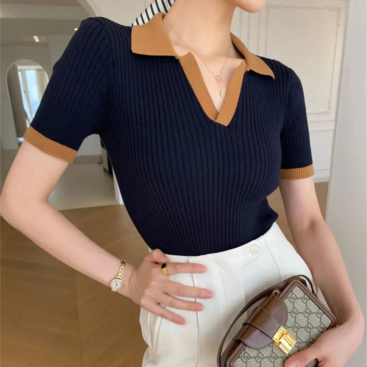 Women's V Neck Knitted Tops™ Short Sleeve Slim Casual Vintage T-shirt