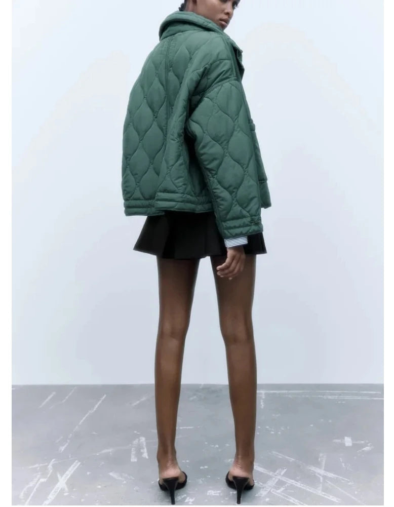 Women's Quilted Coat™ drawstring ties high neck pocket clip cotton jacket for women