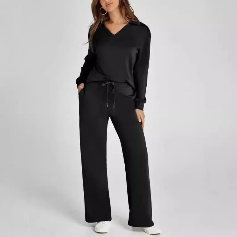 Women's 2 Piece Set™ Loose Long Sleeve V-Neck Top with Drawstring Elastic Waist Bell BottomsSet