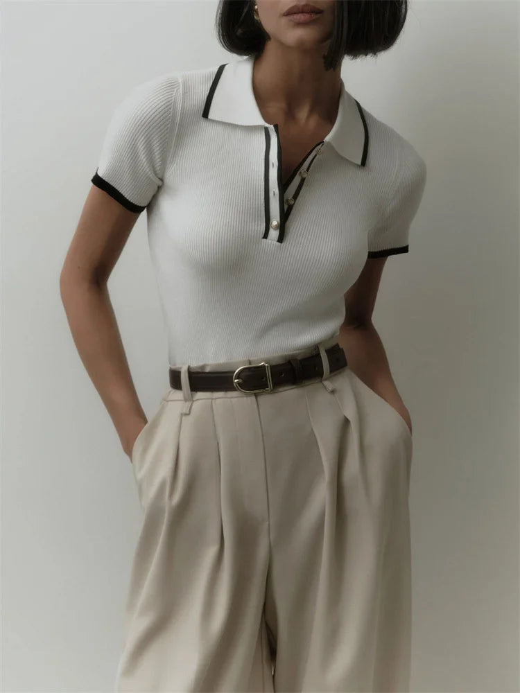 Women's Summer Knit Tops™ Short Sleeve Patchwork Slim Lapel Ribbed Tees