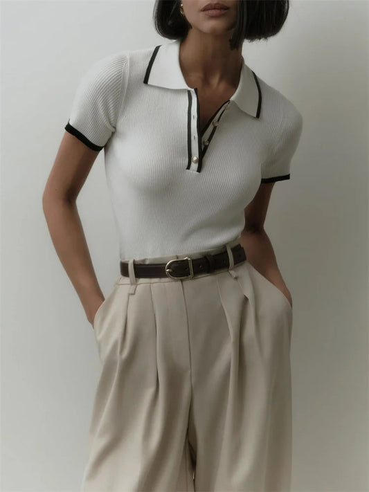 Women's Summer Knit Tops™ Short Sleeve Patchwork Slim Lapel Ribbed Tees