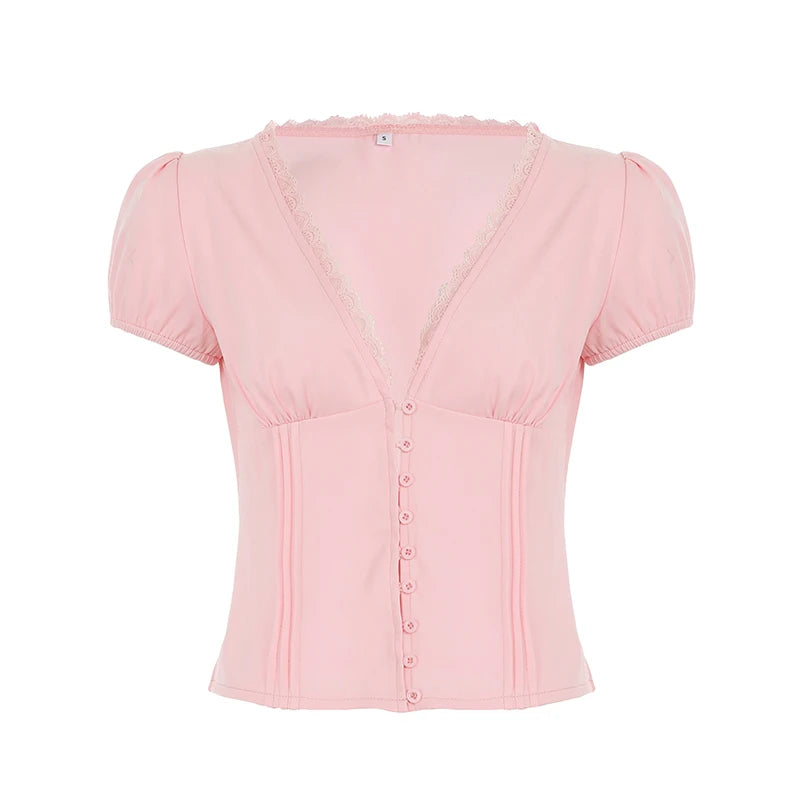 Women's Summer T-Shirt™  V-neck Lace Patchwork French Style Puff Sleeve White Blouse Y2K Aesthetics Cute Tops