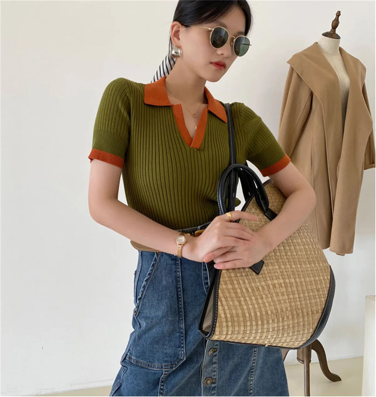 Women's V Neck Knitted Tops™ Short Sleeve Slim Casual Vintage T-shirt