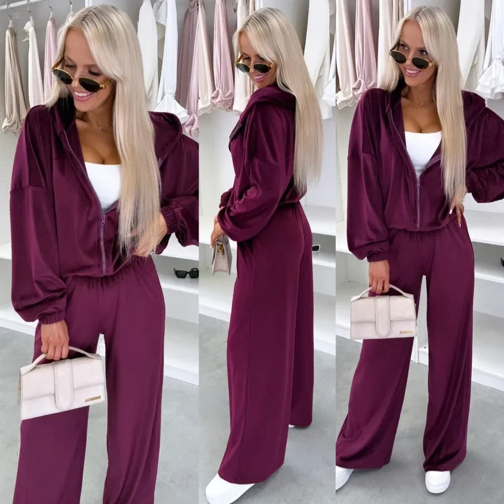 Women's  Casual Outfit™ Zipper Hooded Cardigan + Wide Leg Pants Two Piece Set