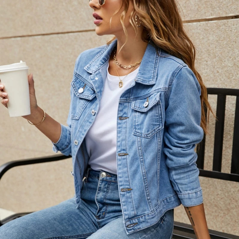 Women's Vintage Jean Jackets™ Long Sleeve Casual Solid Cardigan Denim Coat