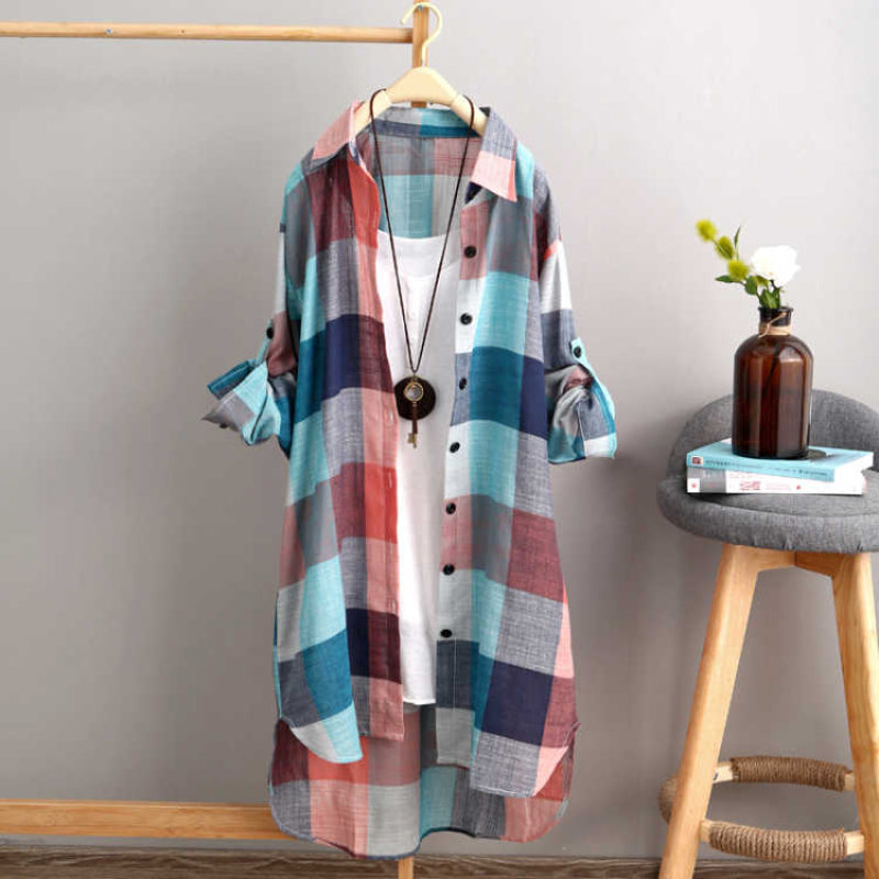 Women's Plus Size Loose Plaid Blouse™ Mid Length Long Sleeve Cotton Shirt Outwear