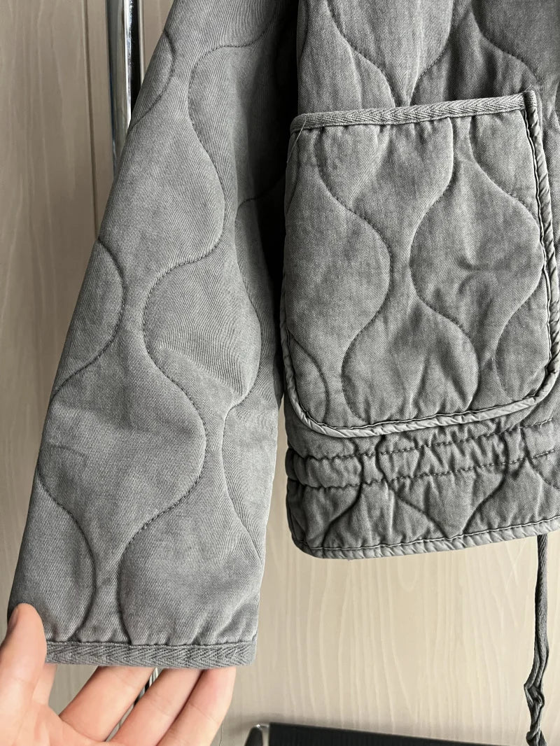 ZW Women's Cotton Jacket™ Traf New Arrival Vintage Lensing Rayon High Collar Large Pocket Quilted Coat
