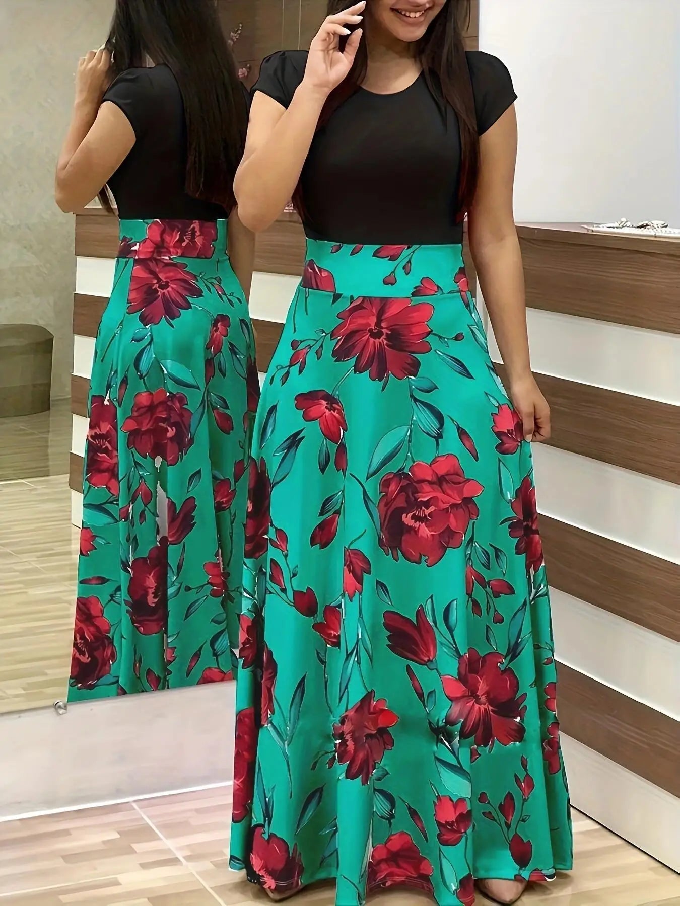 Women's Short Sleeves Dress™ Style flower print color matching short sleeved dresses
